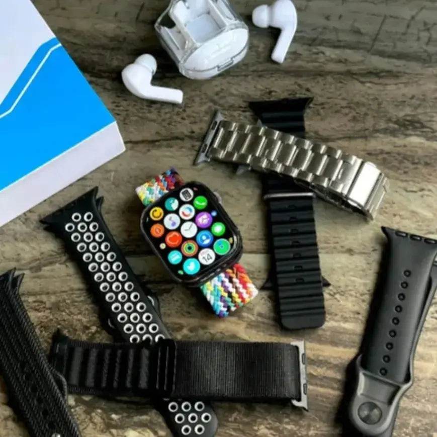 i32 Ultra max suit, Ultra Smartwatch + earbuds + 7 Straps + wireless cabel in 1 box. Get Free Cash on Delivery - Stile Gadget