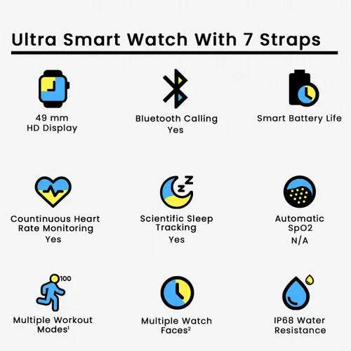Ultra 7 IN 1 Smartwatch 2.1 Inch Full HD Screen Series 8 Wireless Charging with 7 Straps - Stile Gadget